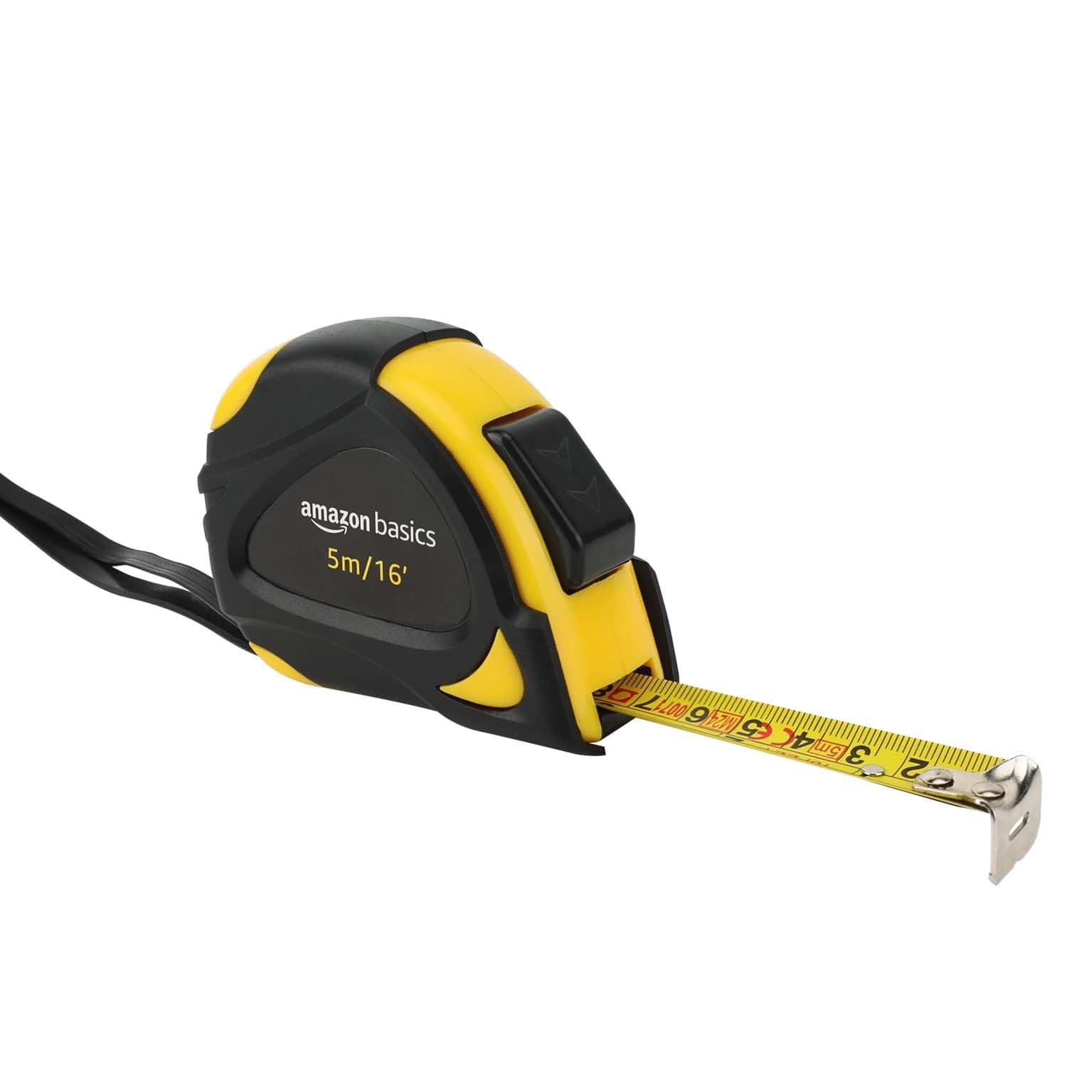 Amazon Basics Self-Locking Tape Measure with Belt Clip, 16-Feet (5-Meters), Inch/Metric Scale, MID Accuracy, Black, Yellow