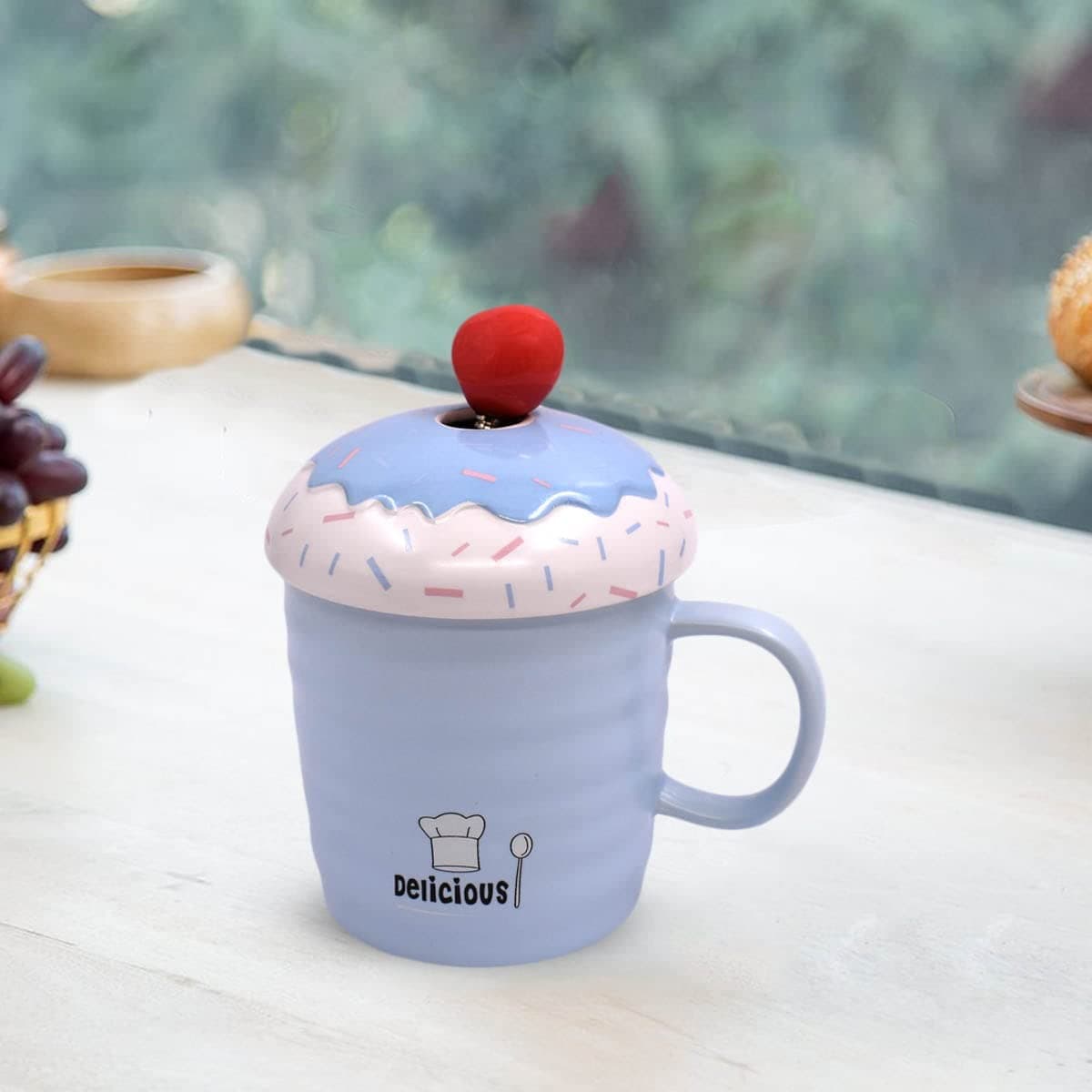 Fancy Ceramic Coffee or Tea Mug with Lid and Handle with Spoon for Office, Home or Gifting - 325ml (HY-1095-C)