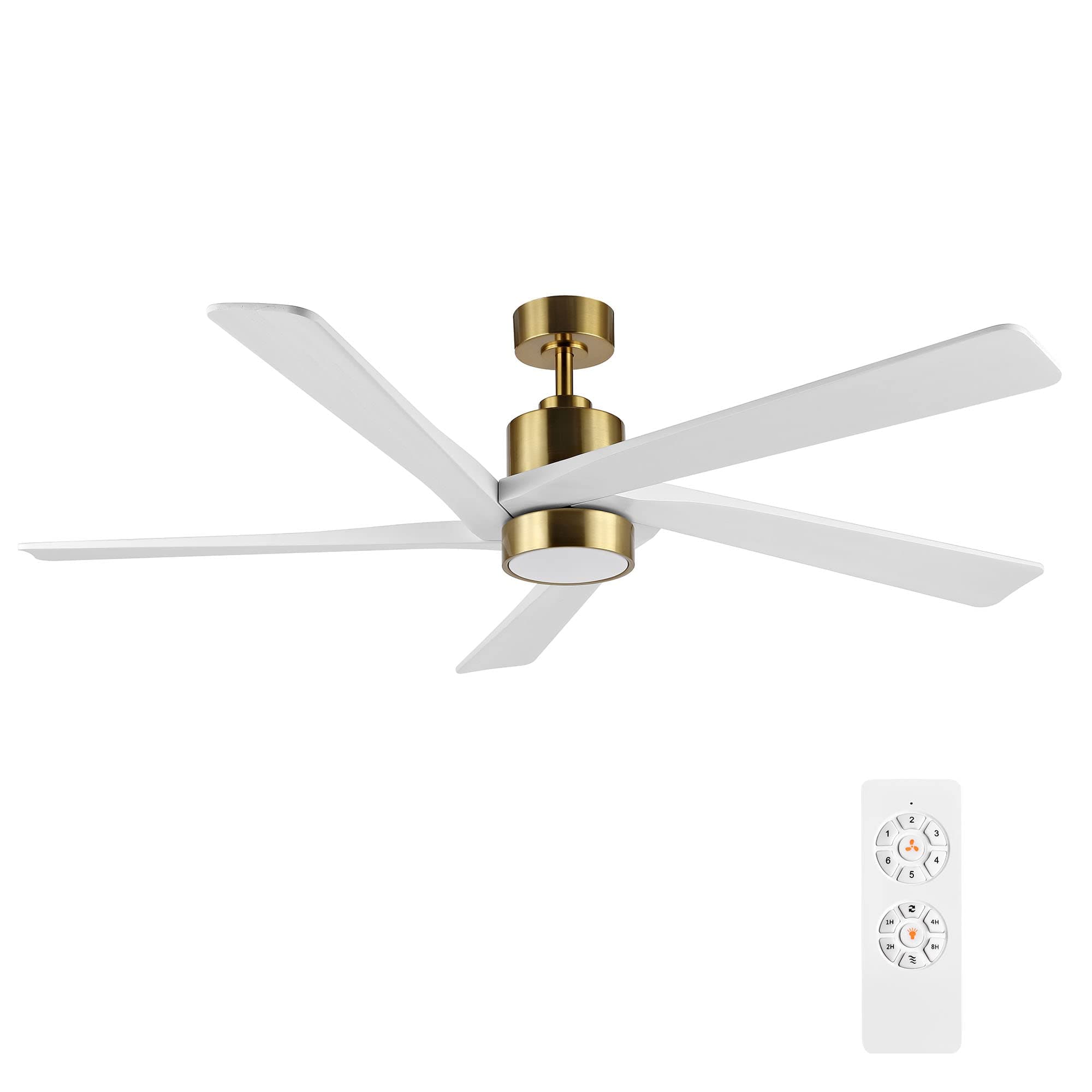WINGBO 64 Inch DC Ceiling Fan with Lights and Remote Control, 5 Reversible Carved Wood Blades, 6-Speed Noiseless DC Motor, Modern Ceiling Fan in Brass Finish with White Blades, ETL Listed