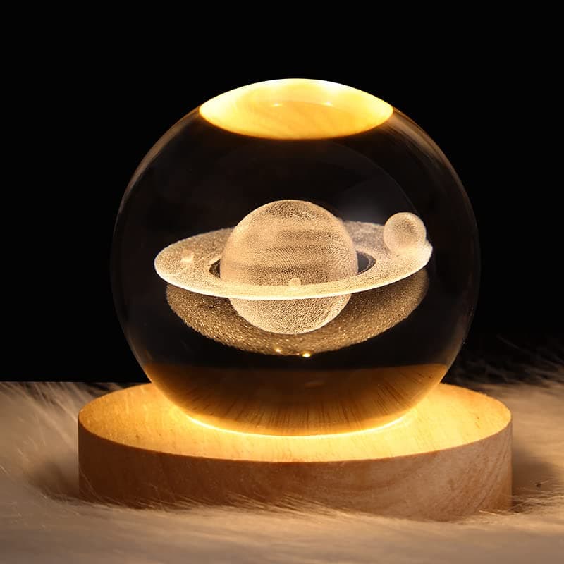 3D Saturn Crystal Ball Night Light, 2.4 Inch(6cm) LED Solar System Crystal Ball Lamp with Wooden Base, Decorative Glass Saturn Planet Model Decor Space Universe Gifts for Men and Girls
