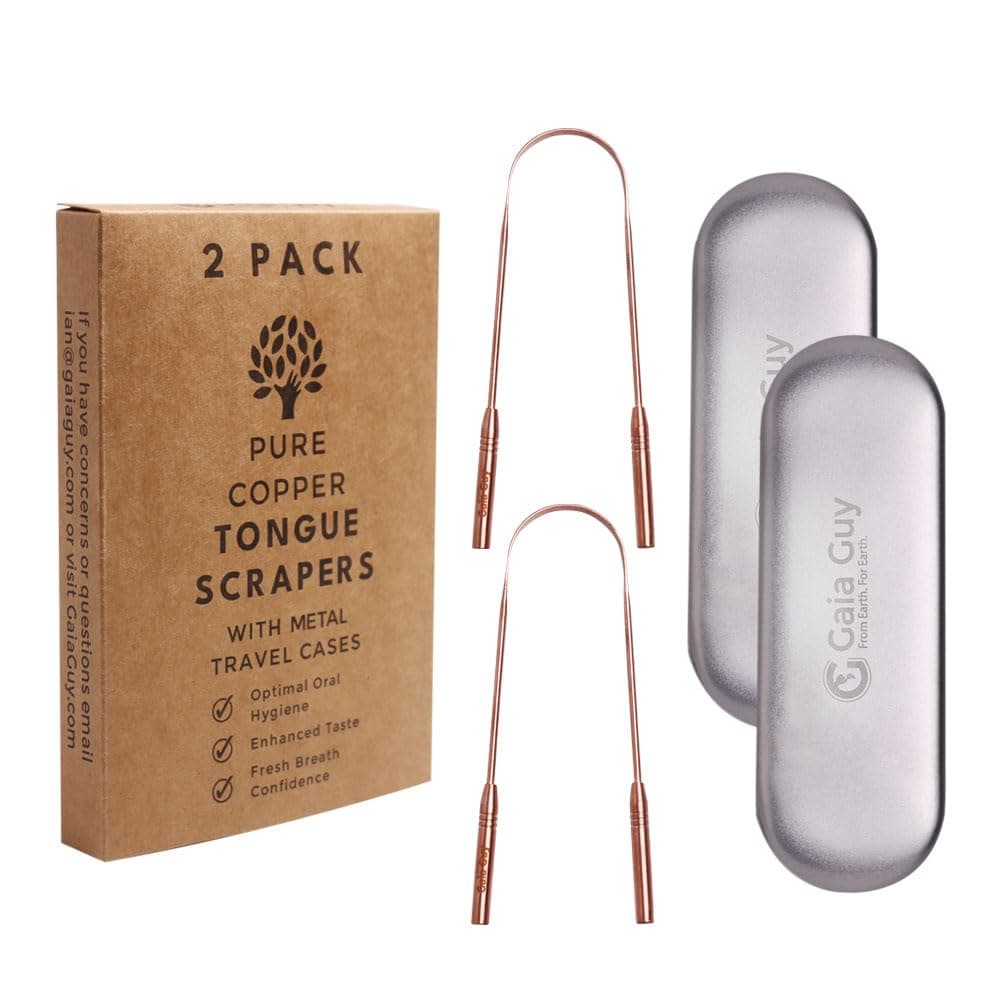 Gaia Guy Copper Tongue Scraper with Metal Case - 2 Pack - Plastic Free Tongue Scrapers for Adults, Tongue Cleaner for Oral Care & Hygiene