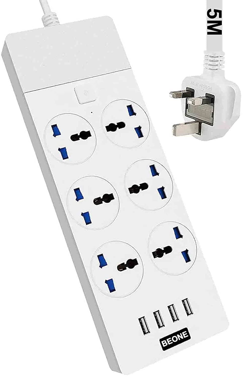 BE-ONE BEONE Universal Extension Lead Power Strip Plug Adapter with 4 USB Ports 6 Way Cable Surge Protector, Built-in Fuse, UK Plug Cable Cord (6Way4USB, White/5m)