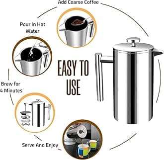 Utopia Kitchen 304 Grade Stainless Steel French Press Coffee Maker 50 Oz, Double Wall Insulated Coffee Press with 4-Level Filtration system, Include 2 Extra Filters, Rust-Free, Dishwasher Safe, Silver