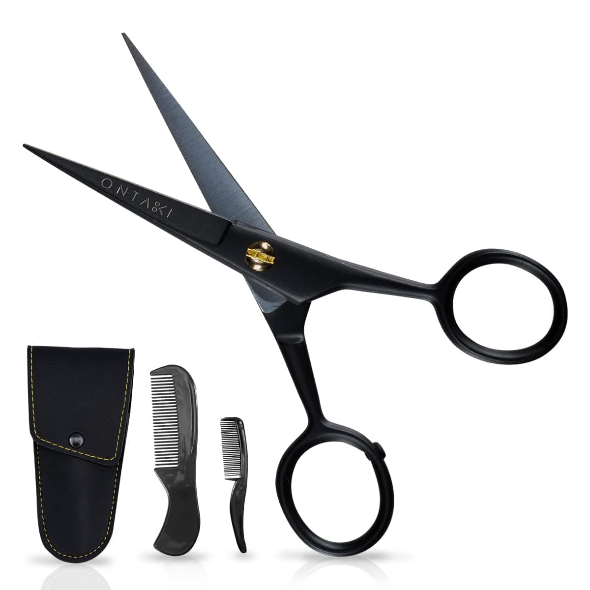 Ontaki Mustache Scissors - 5-Inch, Black - Bevel-Edge Precision & Beard Trimming Scissors - Complete Kit with Mustache Comb & Beard Comb