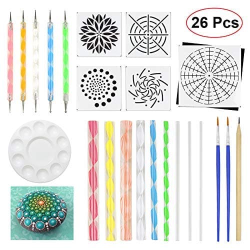 Mandala Dotting Tools 26 Pcs Dots Art Tools for Rock Canvas Painting, Dots Painting Tools Including Acrylic Rods, Mandala Dotting Stencils, Paint Tray, Brushes etc