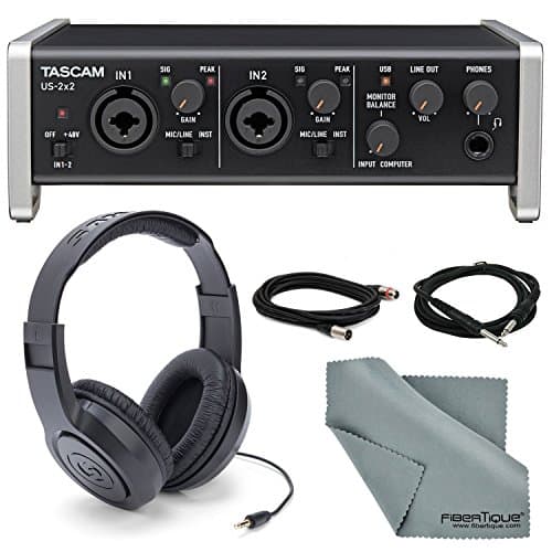 Tascam US-2x2 2-Channel USB Audio Interface Deluxe Bundle W/Dual MIDI Cable + 2 X ¼” Cable + 2 X XLR Cable + Samson Stereo Headphones+ Fibertique Cleaning Cloth