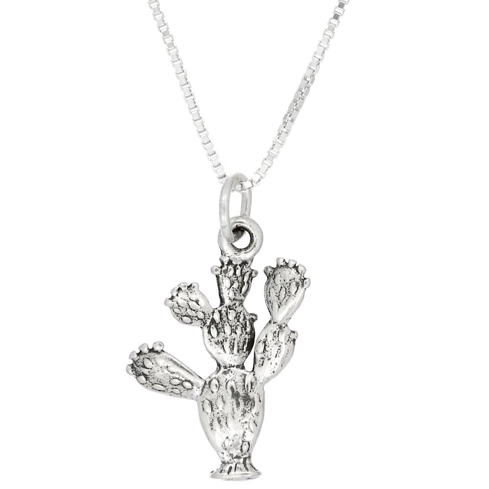 Sterling Silver Oxidized Double Sided Prickly Pear Cactus Charm Pendant with Box Chain Necklace