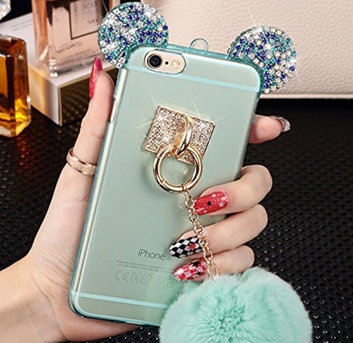 For iPhone 6s Plus Bling Case, WSHKase Cute Mickey Mouse Ears/Bear Ears/Rhinestone Ears Glitter Flexible Rubber Cover Case with Fur Hairball for iPhone 6 Plus (5.5)(Light Green)