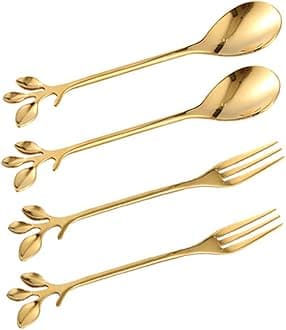 Tableware Gold Leaf Coffee Spoon Fork,4 Pack(2 Spoons 2 Forks) Little Demitasse Espresso Spoon and Appetizer Dessert Forks Set,4.7 Inches Tea Spoon Set (Gold4)
