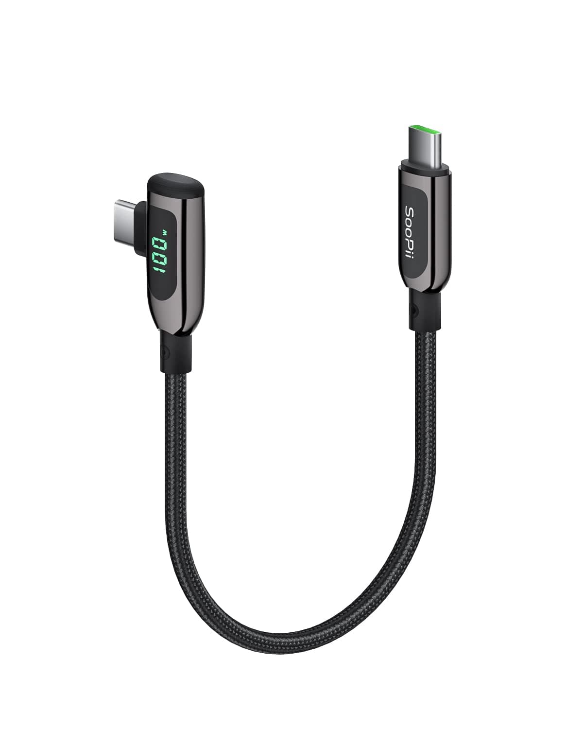 100W Right Angle USB C to USB C Cable,1FT Zinc Alloy Case Nylon Braided Type-C Cable with LED Display for lPad Mini/Air/Pro,MacBook Pro,Samsung S23/S22/S10,Pixel,LG(0.3m,Black)