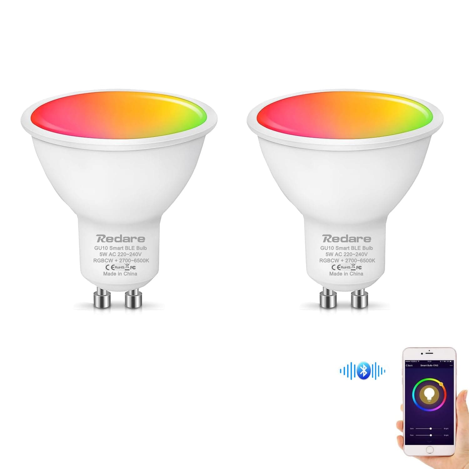 Redare GU10 Smart Bulb,Bluetooth Spot Light Bulbs,5W LED Light Bulb with App Control,Music Sync and 8 Scene Mode for Living Room,Cool Warm White,not Support WiFi/Alexa(Bluetooth GU10, 2 Pack)
