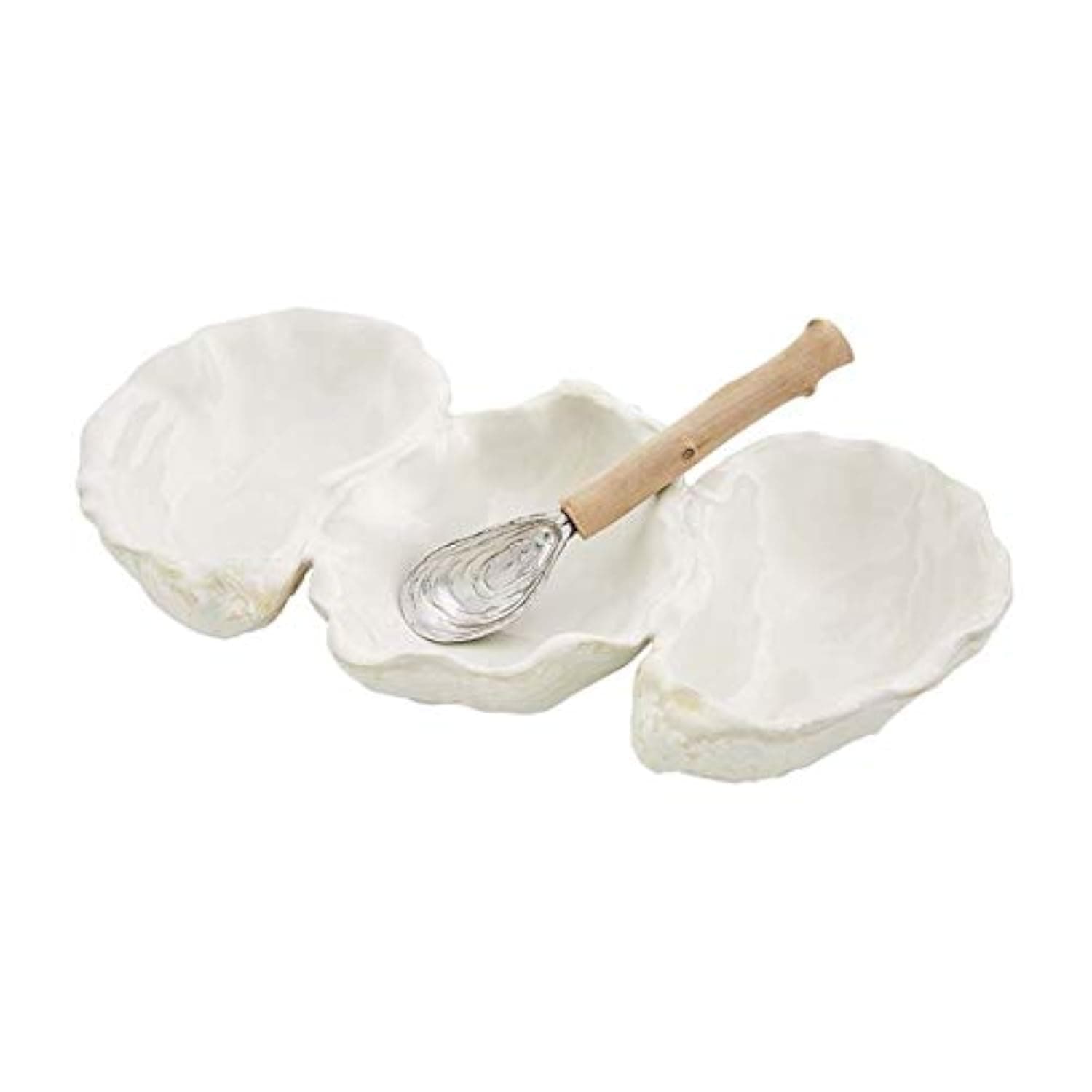 Oyster Shaped Triple Dip and Serving Set, White, 10.25" x 5.5"