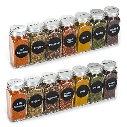 4 ounce , best value 14 glass spice jars includes pre printed s 14 square empty jars, airtight cap, chalkboard clear label, kitchen funnel pour