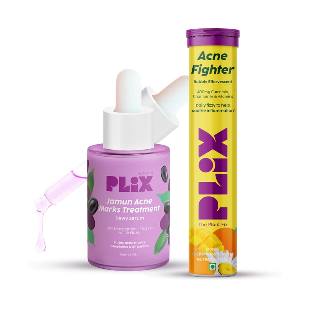 PLIX - THE PLANT FIX Acne Fighter 15 Effervescent Tablets and Jamun Face Serum Combo for Acne Reduction, 1% Zinc & Witch Hazel for Unisex, 500mg Curcumin, Chamomile