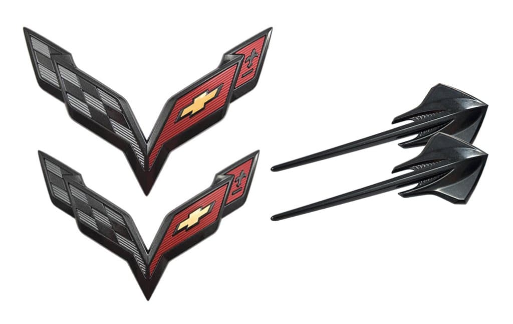 2014+ C7 Corvette OEM Carbon Flash Black Exterior Set - Stingray Fender Emblems & Front/Rear Crossed Flags