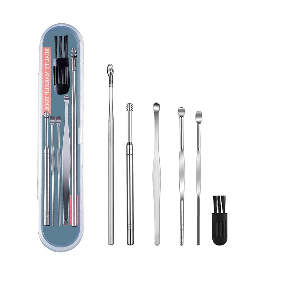AMERTEEREar Wax Removal Kit, 6-in-1 Ear Pick Tools Curette Cleaner Reusable Ear Cleaner, Stainless Steel Ear Wax Remover with Storage Case, Silver