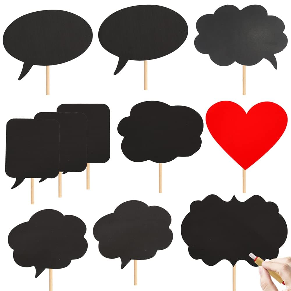 Large Blank Photo Booth Props Signs, 11pcs Large Writable Chalkboard Photo Booth Props with Chalk and Sticks, Tvorvik Blank Speech Bubble Signs, Suit for Wedding Party, Birthday Party, Baby Shower