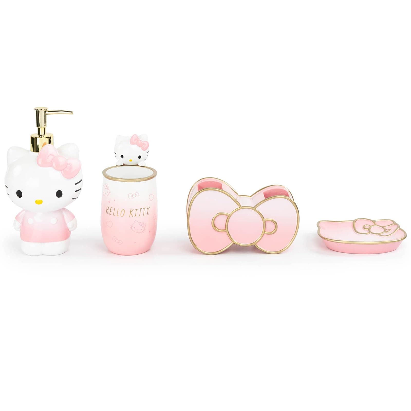 Jay Franco Hello Kitty Organizer Set - 4 Piece Pink Accessories Includes Resin Tumbler, Soap Dispenser, Soap Dish and Toothbrush Holder - Bathroom Décor