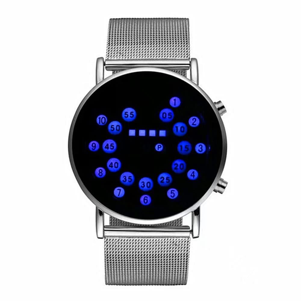 MINILUJIAMINILUJIA Men Cool Digital Watch Binary Time LED Display Waterproof with Stainless Steel Mesh Band Unique Creative Fashion Wristwatches