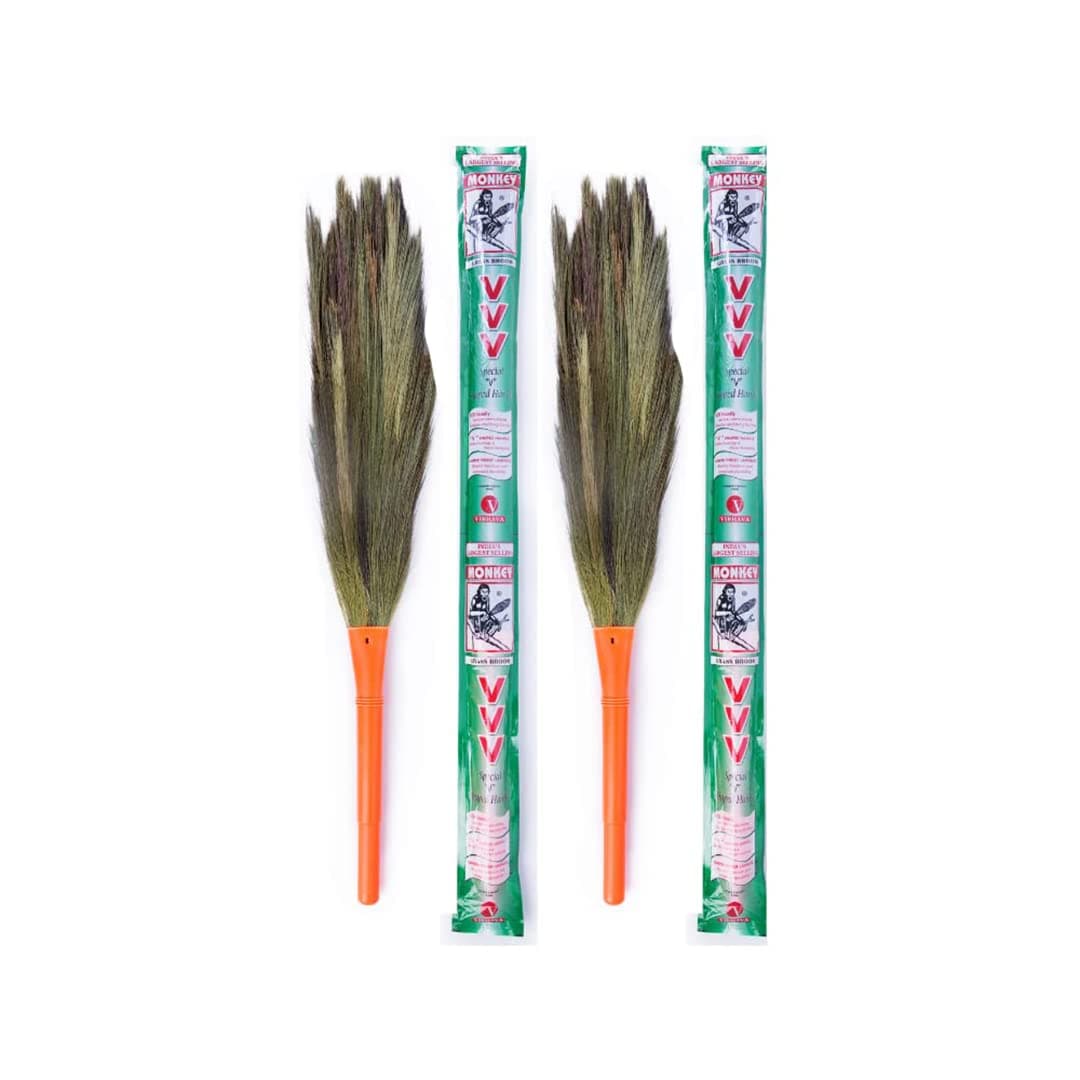 Monkey 555 VVV V-Shaped Grass Broom - Pack of 2 | Natural Garo-Hill Grass | Thick & Tall | Sleek Virgin Plastic Handle | Fast, Eco-Friendly Sweeping| Unique V Shape Handle Spreads Grass Evenly