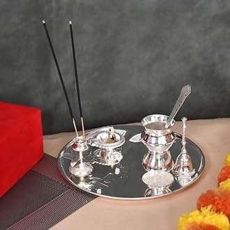 Jaipur Ace Silver Plated Tradational Pooja Thali Set of 7 Pieces with Royal Velvet Box