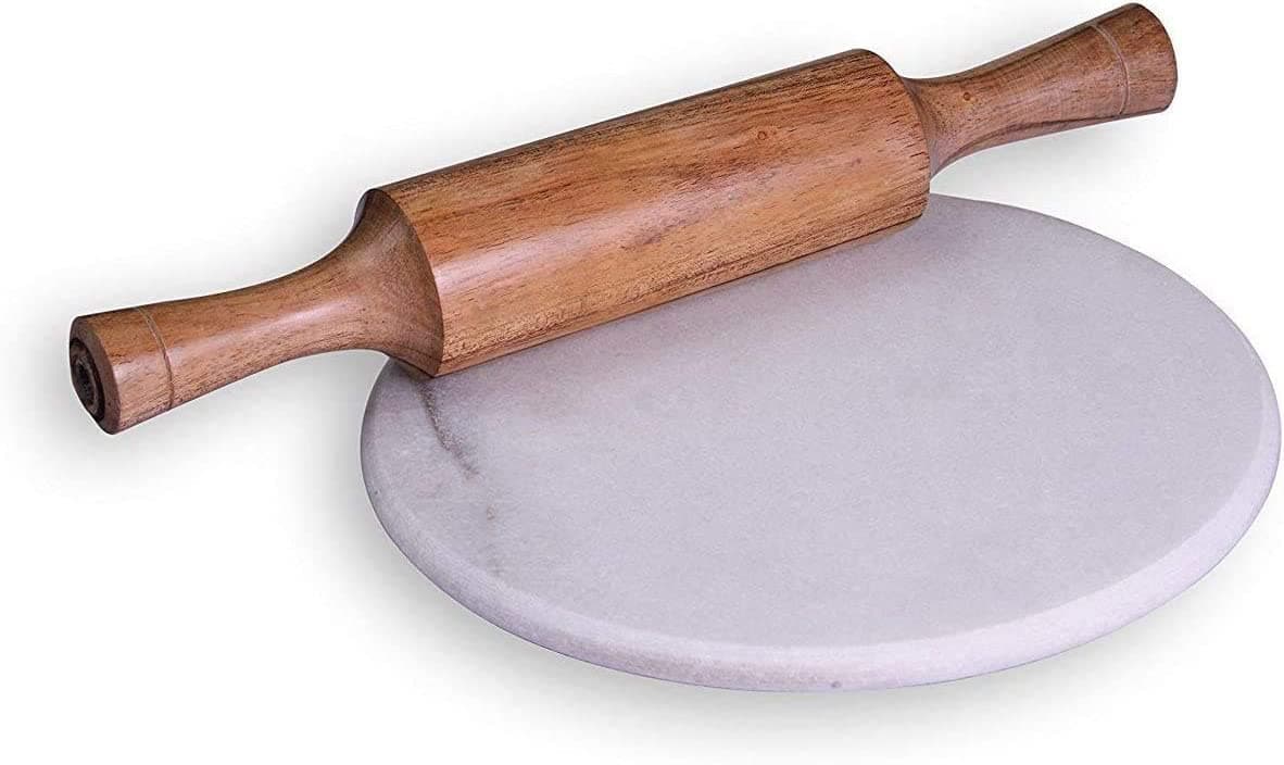 Trident Collection Plain White Chakla Belan Set Belan Chakla Circular Board with Rolling pin Set Hand Made Marble Polpat with Belan, Kitchen Utensils for Roti Making ( from India )