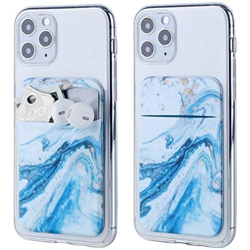 2Pack Phone Wallet Stick on,Cell Phone Card Holder for Back of Phone/Phone Case,Credit/ID Card Holder Sticky Wallet for Back of All Smartphones (Blue Ripple Marble)