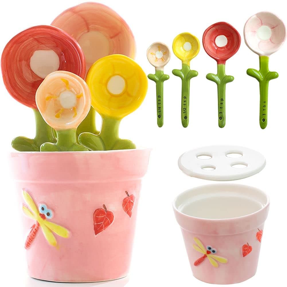 XDONE Cactus Measuring Spoons Set in Pot Ceramic Baking Measuring Spoons Cups with Holder for Dry Wet Ingredients Cute Cactus Figurine Dishwasher Safe Unique Gift (Pink Flower)