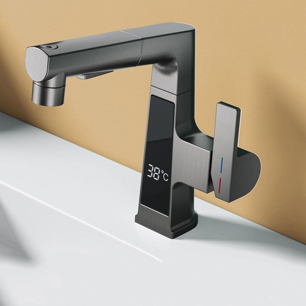 LED Matte Black Utility Bathroom Faucet with, with Pull Out Sprayer, Black Temperature Digital Display Bathroom Sink Faucet 2 Spray Modes Brass Body RV Faucet Single Handle 1 or 3 Hose with Deck