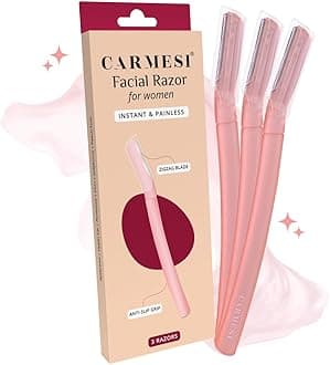 Carmesi Reusable Face Razor For Women Facial Hair Dermaplaning Tool - 3 Razors Instant & Painless Hair Removal For Eyebrows, Upper Lip, Forehead, Peach Fuzz, & Sideburns - Exfoliating Razors Travel