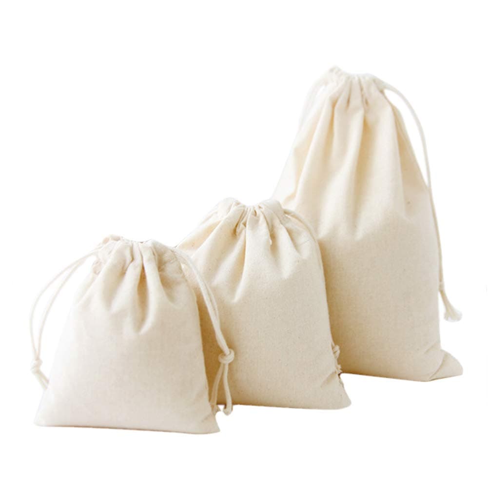 Belsmi 3 Set Cotton Storage Pouch Laundry Bag Drawstring Travel Breathable Dust-Proof Multi-Functional Bag (Beige)