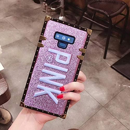 Galaxy Note 9 Glitter Case,ZBCLV Luxury Design Cute Bling Sparkle Glitter Embroidery 3D Pink Gold Square Corner Soft Trunk Cover for Samsung Galaxy Note 9 (2018),Pink
