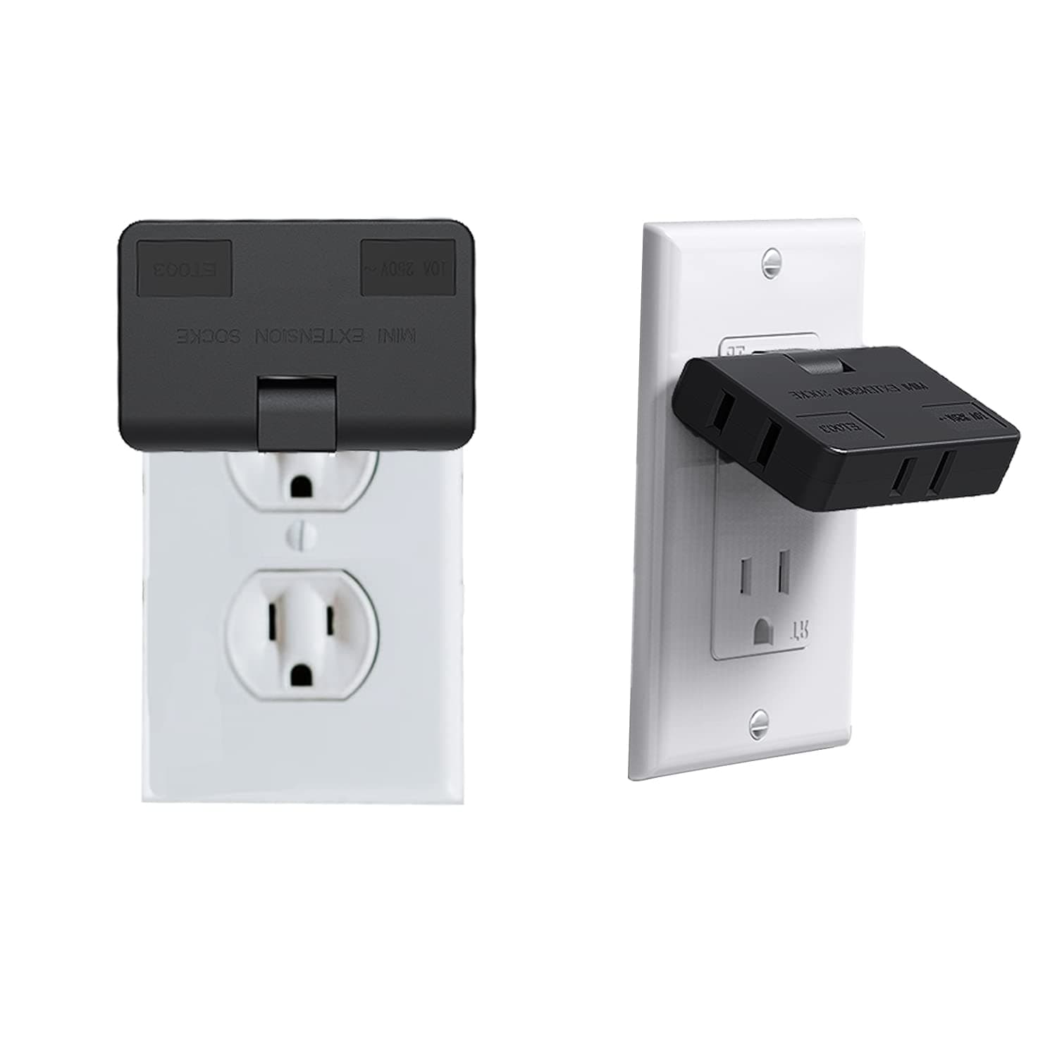 ETwinCoo 3-Way Flat Wall Outlet Extender & Splitter, 2-Prong Swivel Mini Plug - Safe AC Adapter for Home/Travel, Type A Black (2 Pack)