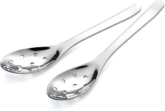 AOOSY Small Slotted Spoons,Modern Stylish Thick Heavy-weight Short handle Stainless Steel 10 Holes Durable Caviar Spoon for Soup Cereals Dips Curry Sauces Stews, Set of 2