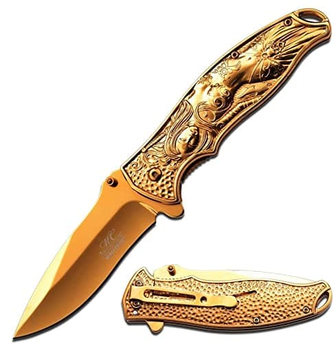 Masters Collection Fairly Tile Coat Folder Blade with Clip, Gold, 4.75"