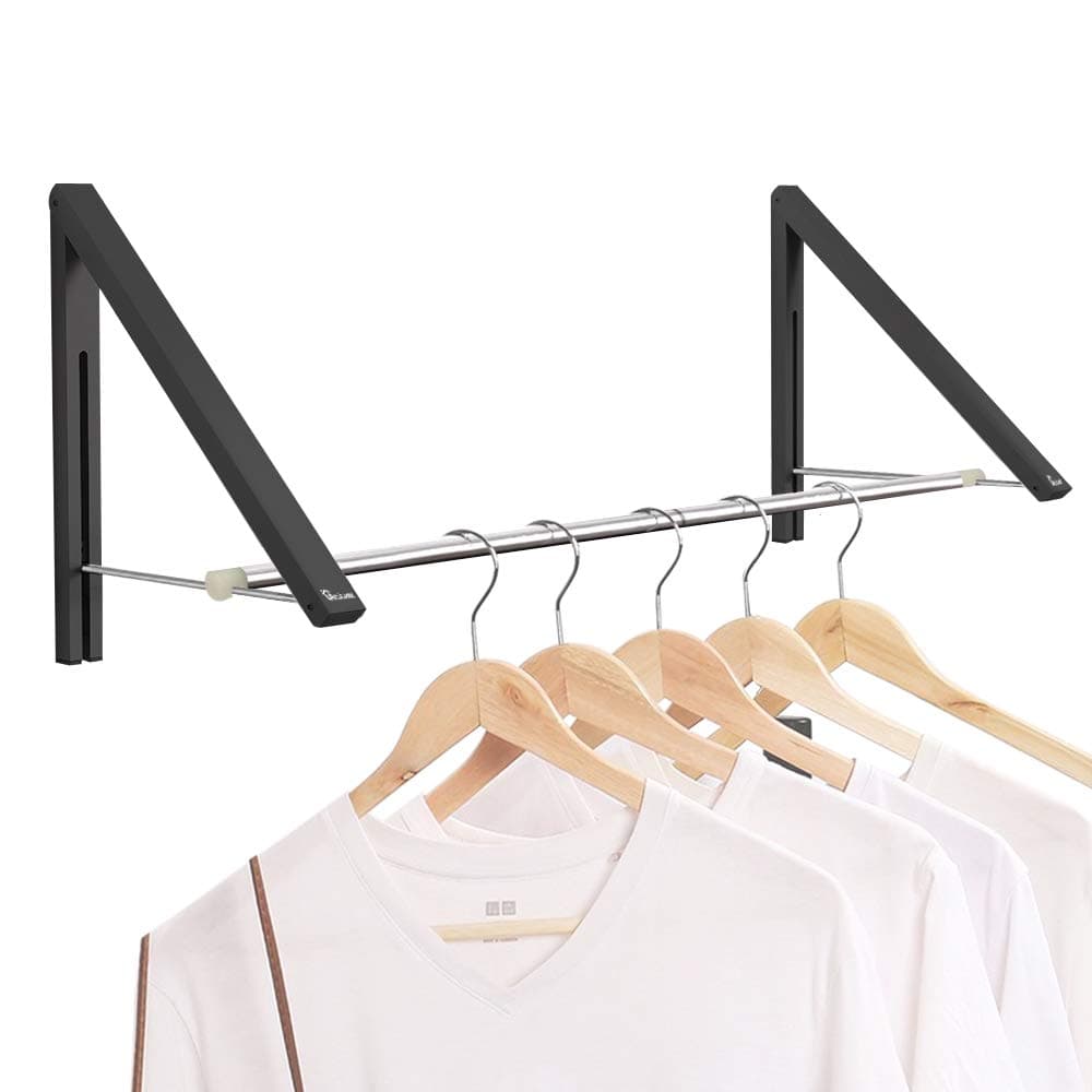 Retractable Clothes Rack - Wall Mounted Folding Clothes Rack for Laundry Room Wardrobe Storage, Aluminium, 2 Baskets with Rod (Black)
