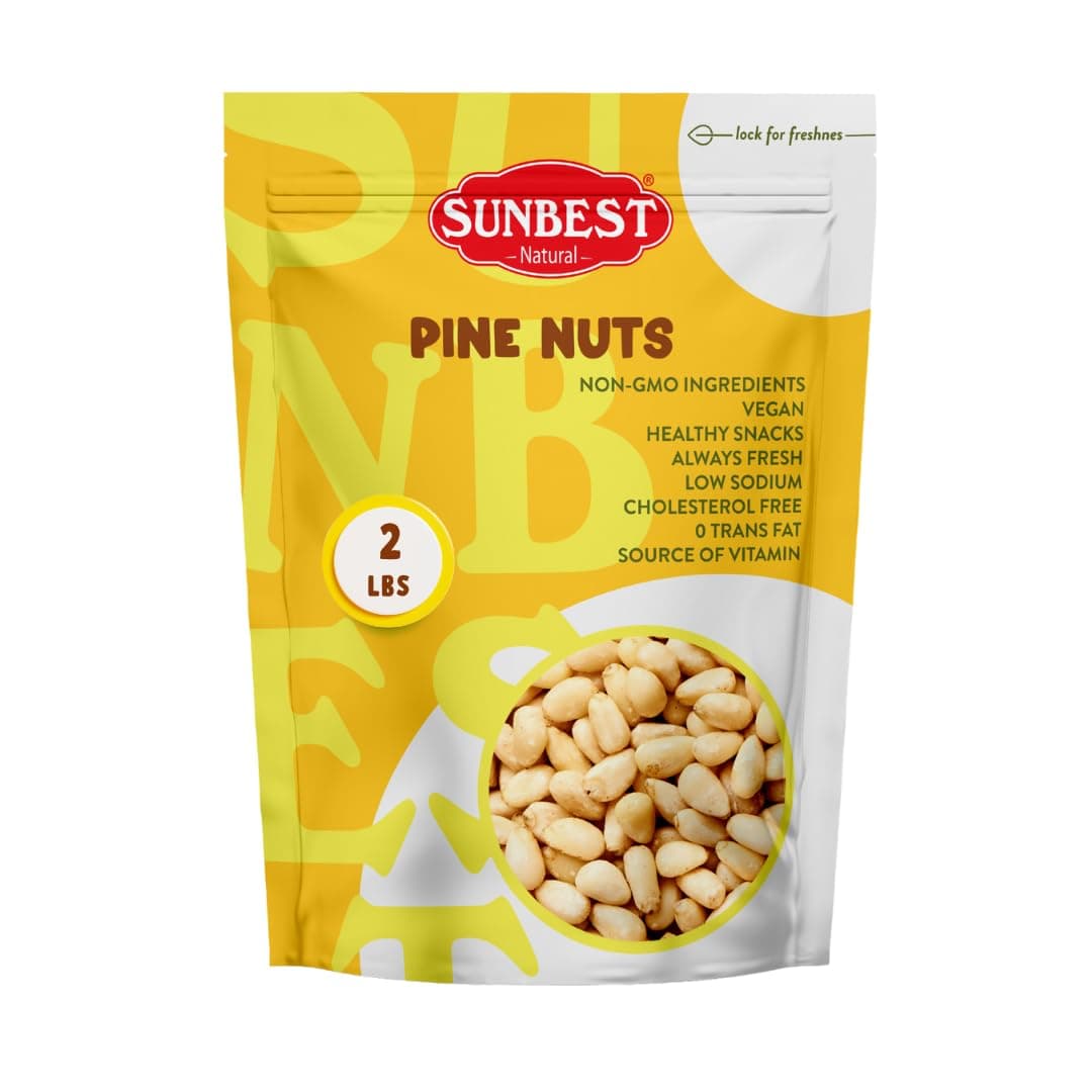 Sunbest Natural Pine Nuts Pignolia 32 Oz (2 lbs) 1 Pack – Unsalted, Raw, Crunchy, Fresh & Delicious, Kosher Certified - Ideal for Snacking, Topping & Baking - Non-GMO, Gluten Free