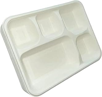 Best House EcoWise 100% Compostable and Biodegradable 5 Compartment Dinner Plates, 5CP Food Tray, Eco-Friendly Sugarcane Paper Trays (Pack of 200 PCS)