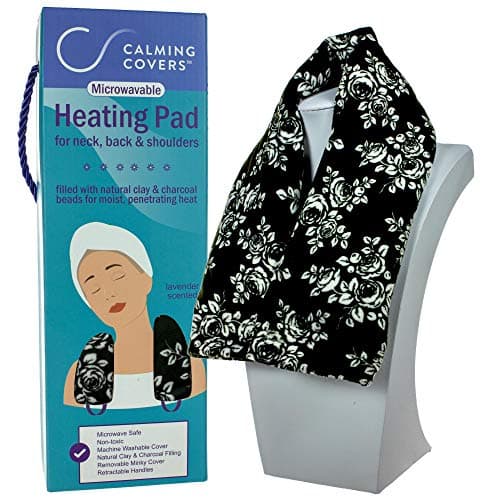 Microwavable Heating Pad Wrap for Neck, Shoulder, and Back Pain | Filled with Clay & Charcoal Beads | Lightly Scented with Lavender | Washable Minky Cover | Black & White Flowers