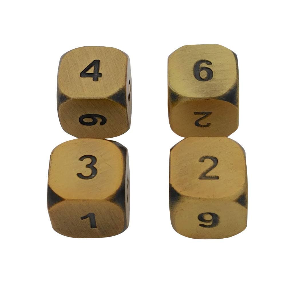 4 Packs of Solid Metal RPG Polyhedral Dice 6 Sided (D6), Antique Gold Color with Black Numbering Metal Dice Set by SkullSplitter Dice