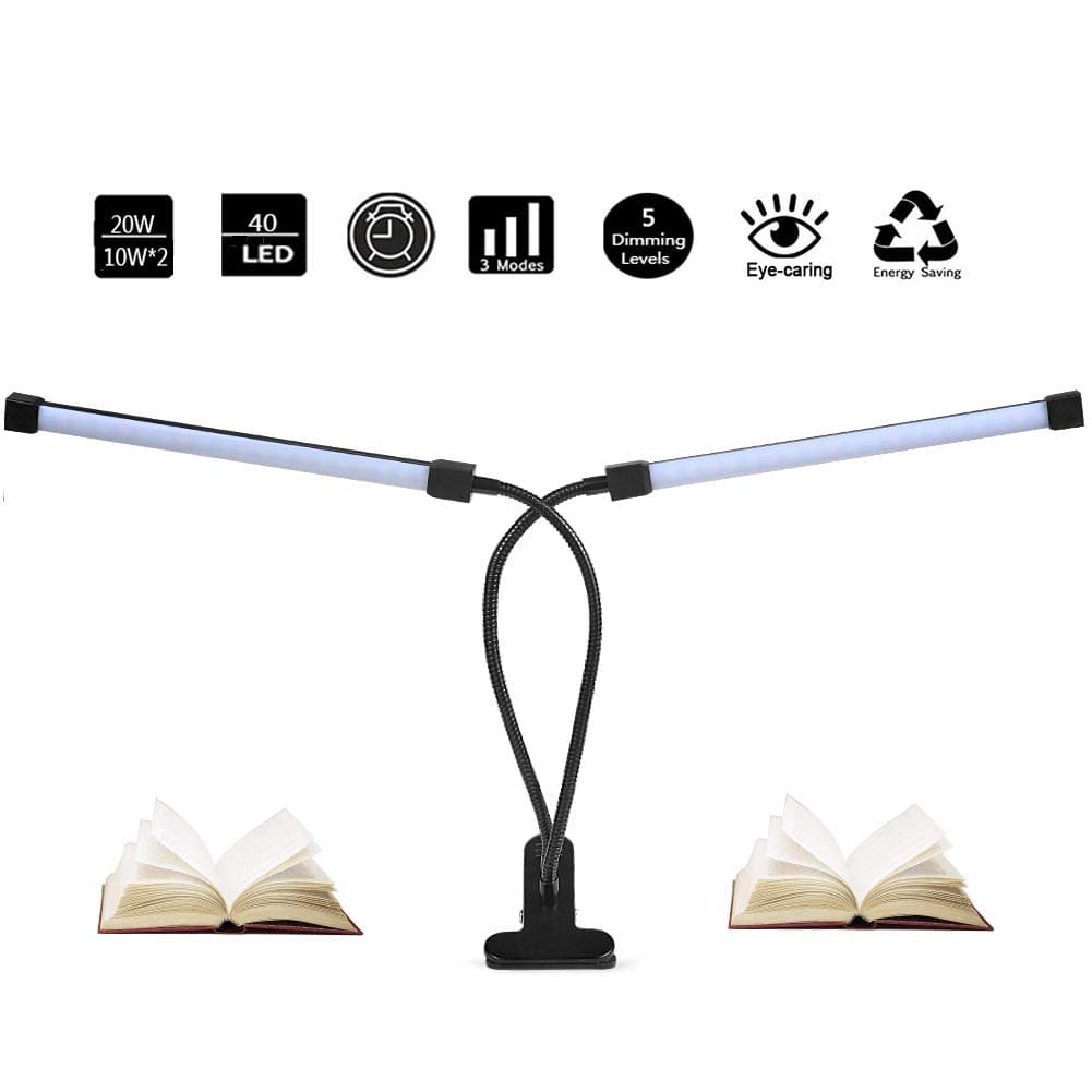 12W Dimmable LED Reading Light Clip on Light for Desk, Bed Headboard, Computer, DZLight Eye-Care Flexible Clip on Desk Lamp with 3 Modes 5-Level Dimmer and Auto Off Timer, 5V/2A Adapter Included