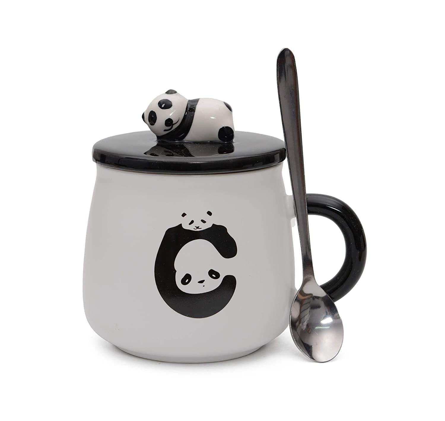 VIRSAA Ceramic Panda Printed Coffee Mug with Lid and Spoon, Coffee Mug with Lid for Office, Printed Coffee Mug (White, 350 Ml)