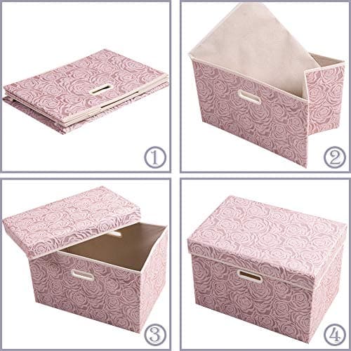 PRANDOM Collapsible Storage Boxes with Lids [5-Pack] Fabric Decorative Storage Bins Cubes Organizer Containers Baskets with Cover Handles Divider for Bedroom Closet Living Room Pink 14.9x9.8x9.8 Inch