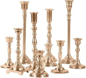 Koyal Wholesale Champagne Gold Mixed Taper Holders, Set of 10, Mismatched Candlesticks Set, Bohemian Decorative
