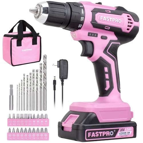 FASTPRO 20V Pink Drill Set, 3/8 in. Cordless Drill Driver Kit with 1.5 Ah Lithium-ion Battery, Charger and Tool Bag