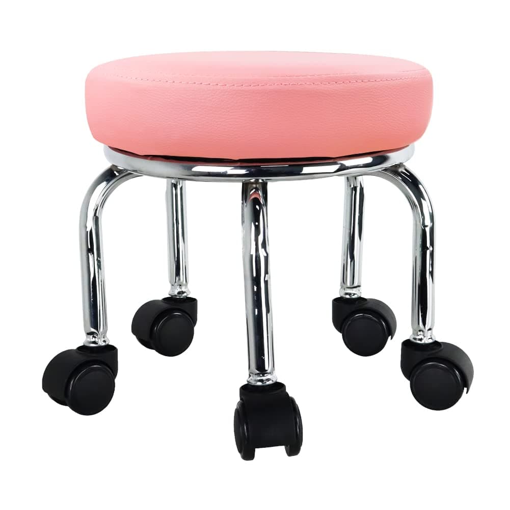 – Small Round Rolling Stool PU Leather Roller Seat 360° Swivel with Universal Caster Wheels for Home Massage Garden Office Garage Shop Fitness Sport,H：31.5cm（Pink）