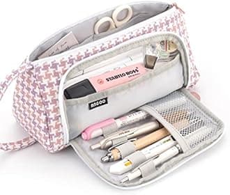 EASTHILL Big Capacity Pencil Case Canvas High Large Storage Pouch Marker Pen Case Simple Stationery Bag School College Office Organizer for Teens Girls Adults Student-Plaid Pink
