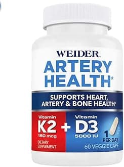 Artery Health for Heart, Immune and Bone Support with Vitamin K2 (180mcg) & Vitamin D3 (5000iu), 60 Veggie Capsules
