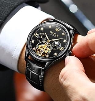 OLEVS Mens Leather Watches Automatic Mechanical Skeleton Tourbillon Diamond Luxury Self Winding Dress Wrist Watches Moon Phase Waterproof Luminous