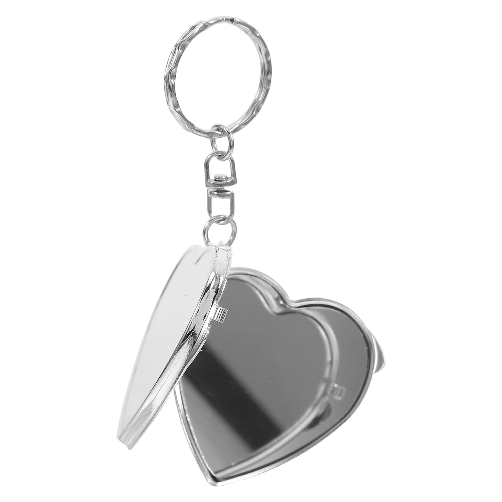 2pcs Silver Heart-shaped Mini round Double-sided Foldable Makeup Mirror Keychain, Portable Cosmetic Pocket Mirror with Keyring for Women Accessories